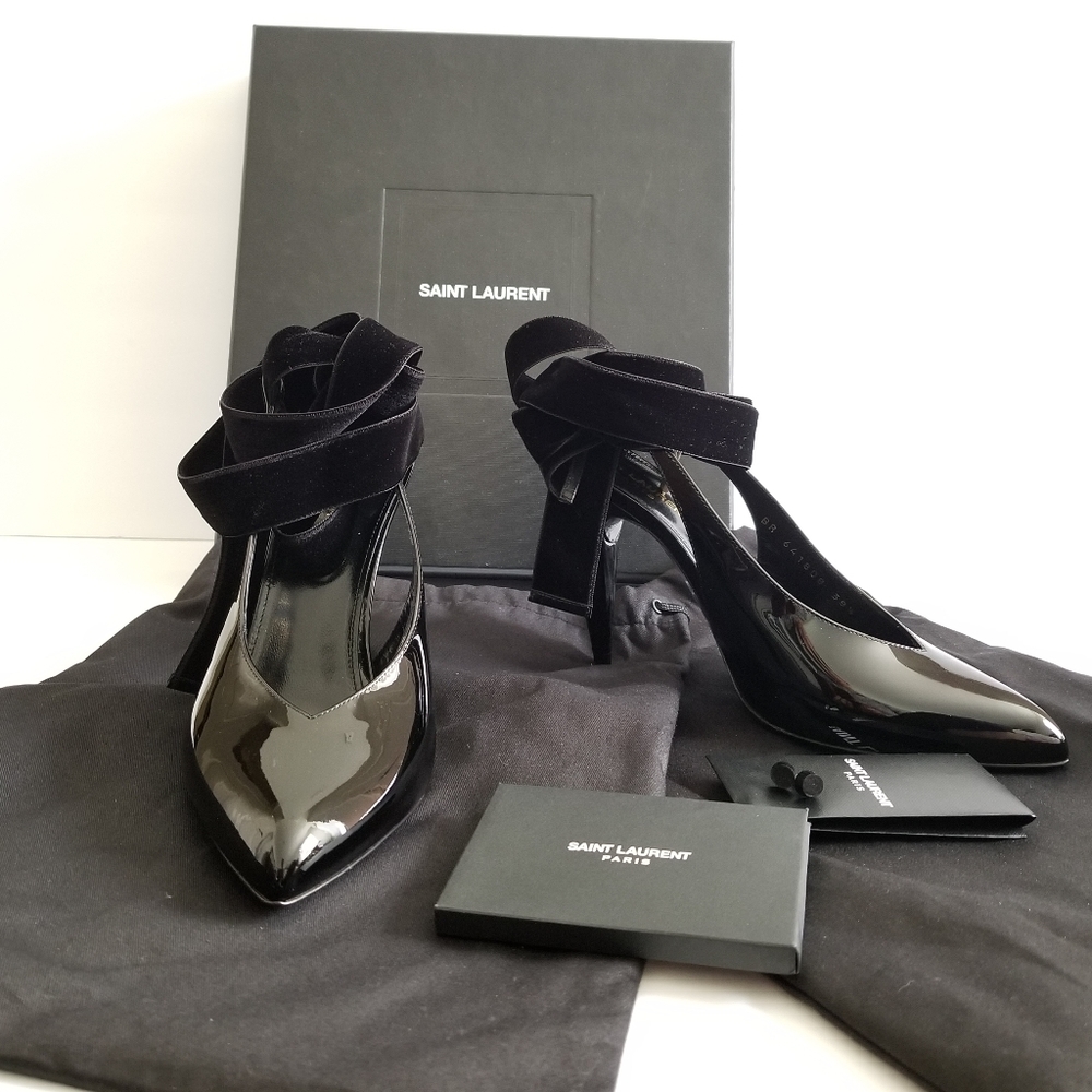 Saint Laurent Patent Leather Slingback Pointed Toe Lace Up Pumps Size 38… - Picture 12 of 12
